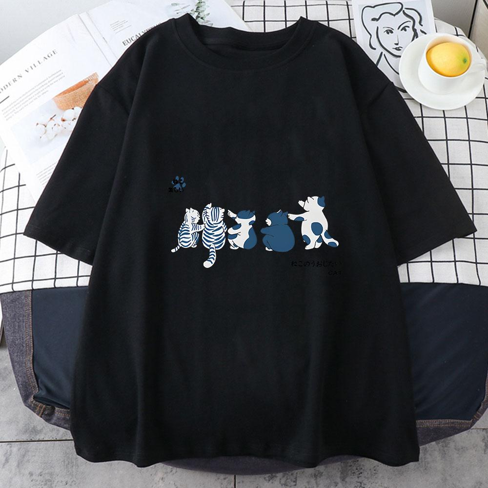 

Japanese Kanji Cat T Shirt Cartoon Kawaii Print Tops Funny Cute Cotton Harajuku 2026 Summer Loose Women Tshirts Casual Blouse M