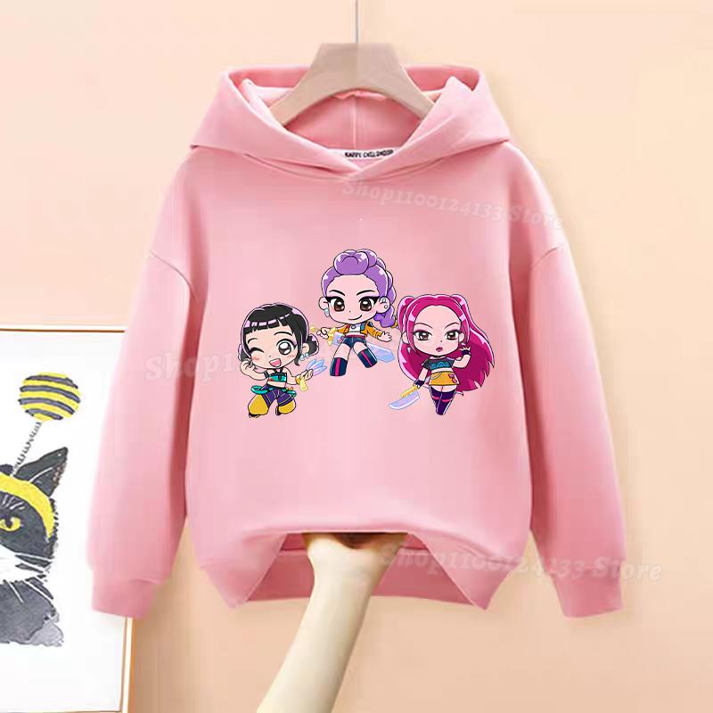 Demone Hunter Girl's Pink Hooded Streetwear Autumn Cute Anime Baby Pullover Kids Y2K Kawaii Long Sleeved T-shirt Casual Clothes