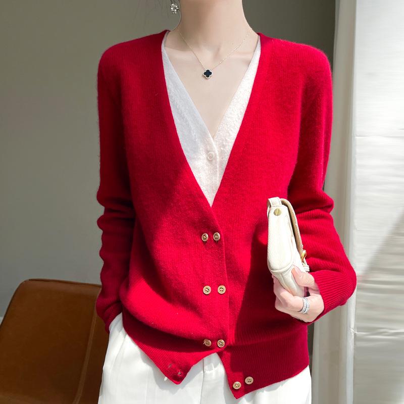 2025 Autumn/Winter V-Neck Wool Cashmere Women's Two-Piece Knit Base Layer Sweater Jacket