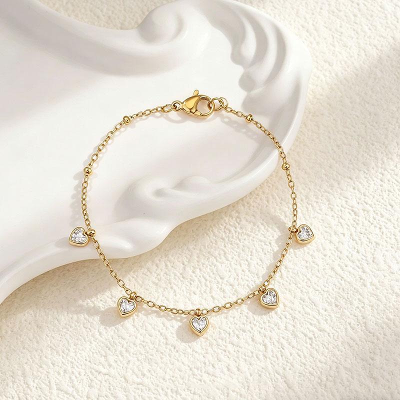 Fashion 18K Gold Plated Link Chain Bracelet Gifts Jewelry Stainless Steel Heart Cubic Zircon Charm Bracelets for Women