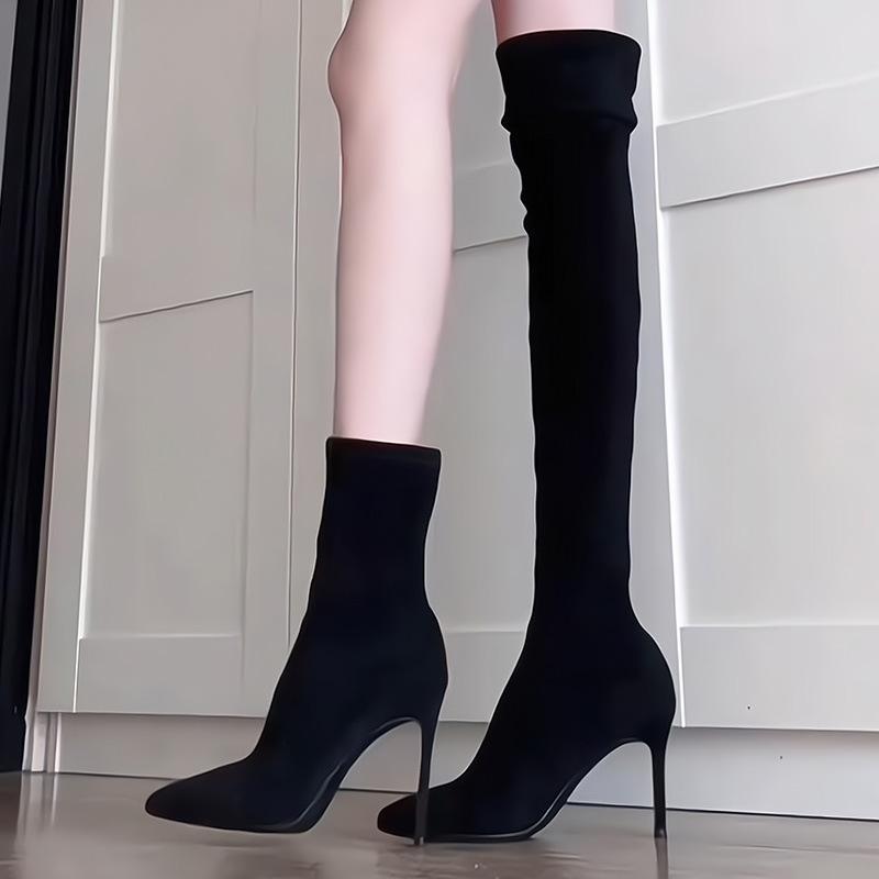 

Over-knee boots women s 2025 autumn new thin boots thick heel suede high elastic boots pointed high heel boots 35 чёрный