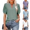 2025 Spring/Summer V-neck Puff Sleeve Hollow Out Casual Solid Color T-shirt
