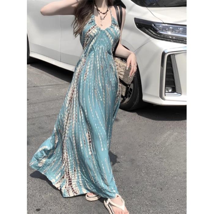 Xishuangbanna Thai Retro Bohemian Neck Sling Dress Female Sexy Backless Seaside Vacation Dress