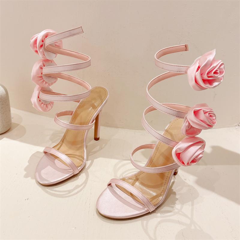 Summer Sexy Silk Flower Ankle Strap Sandals Woman Fashion Open Toe Stiletto High Heels Banquet Party Pumps Shoes
