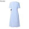 ZANZEA Women Casual V-Neck Short Sleeve Bows Splice Stripe Print A-line Dress
