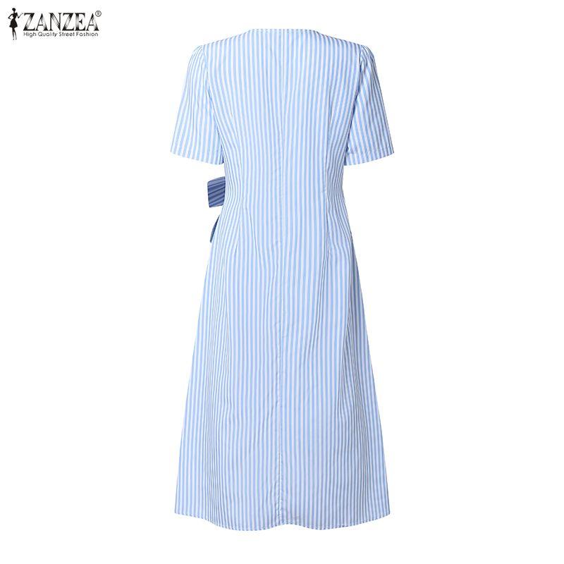 ZANZEA Women Casual V-Neck Short Sleeve Bows Splice Stripe Print A-line Dress