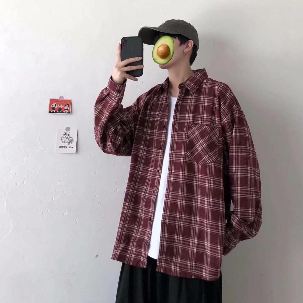 Men's Spring/Fall Long-Sleeve Checkered Shirt, Japanese-Style Retro Cool Shirt, Teenage Lapel Casual Jacket