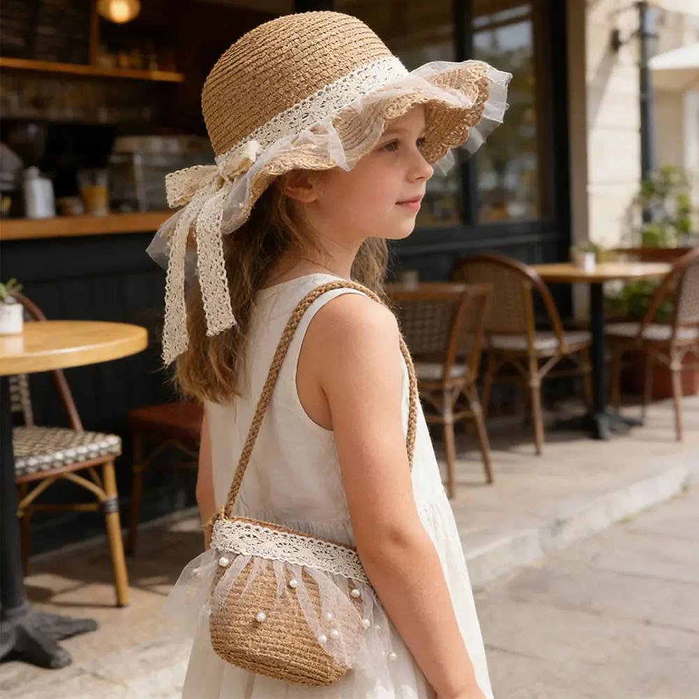 Elegant Summer Kids Straw Hat with Lace Wide Brim Cute Breathable Sun Hat Shoulder Bag for Girls Beach Outdoor Sunscreen