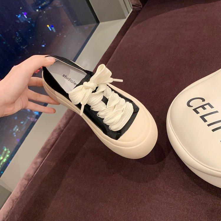 

Leather big-headed espadrilles, silk and satin thick-soled laces, Korean version round-headed casual shoes, women s board shoes, versatile little whit 35