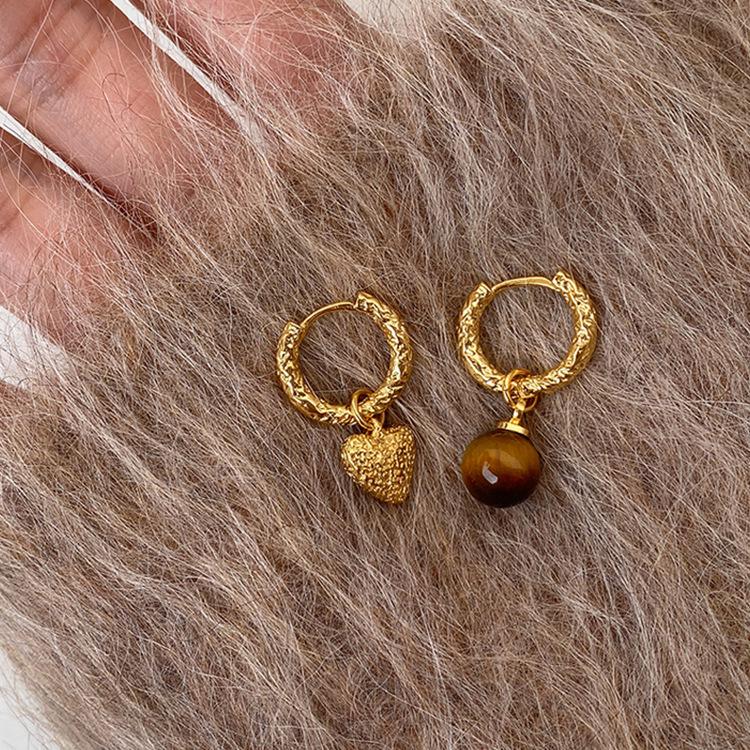 Elegant Asymmetrical Heart-Shaped Tiger Eye Earrings for Women - Detachable Design with High-End Appeal