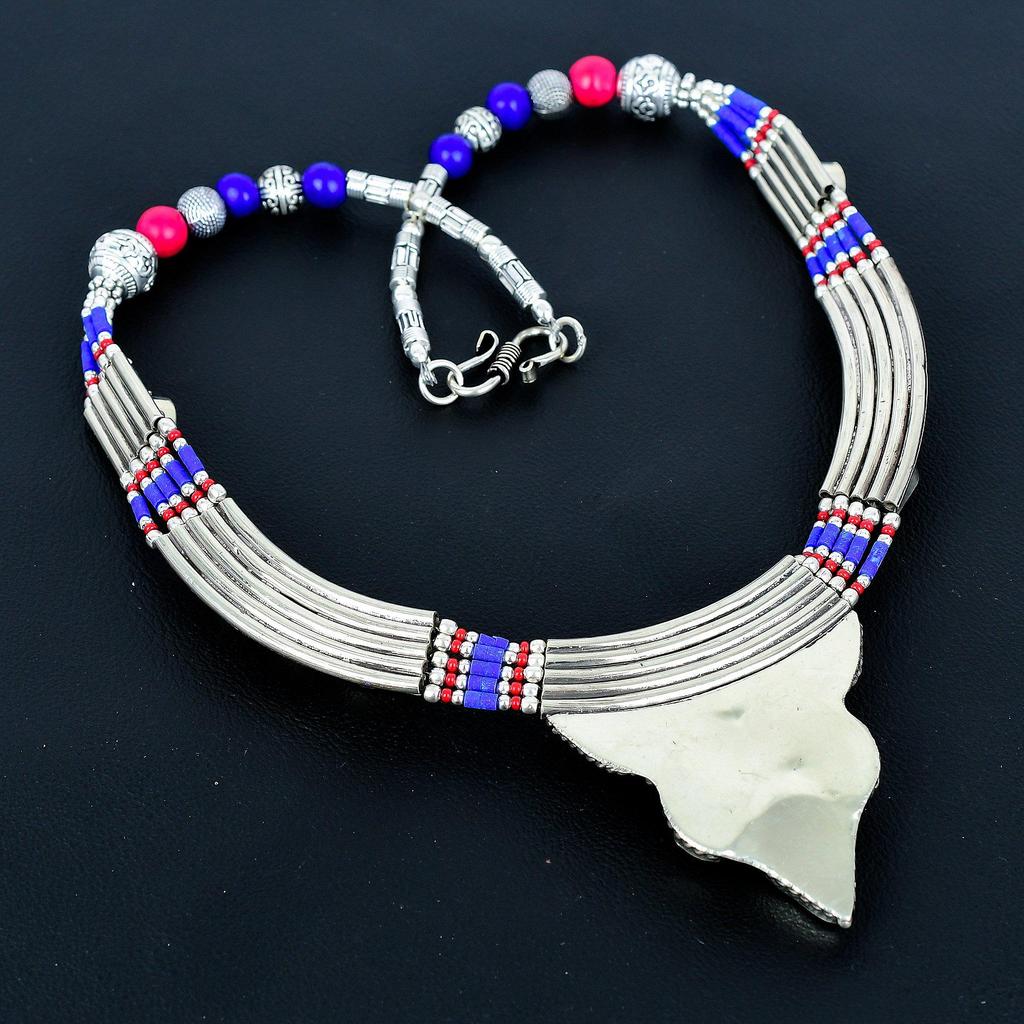 Lapis Lazuli, Coral 925 Sterling Silver Necklace Tibetan Silver Necklace Bohemian Antique Necklace Handmade Jewelry Nepali Necklace Gift For Wife