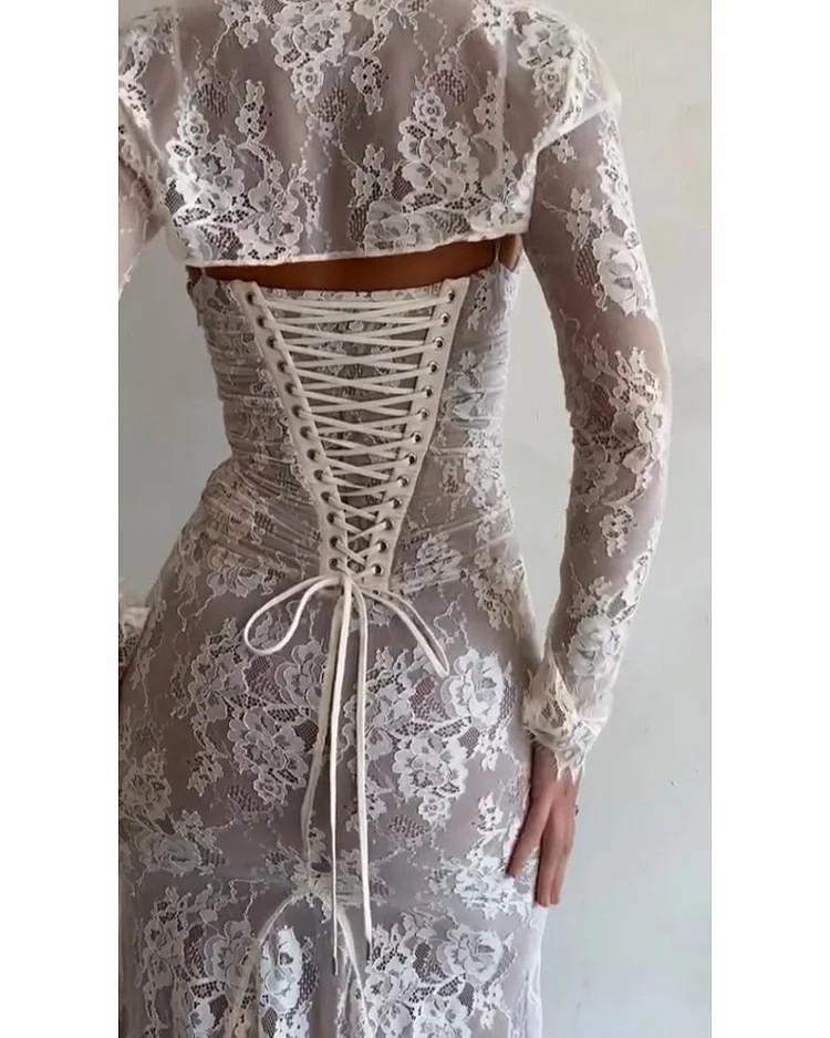 European and American new sexy lace shoulder straps slim perspective dress dress long sleeves
