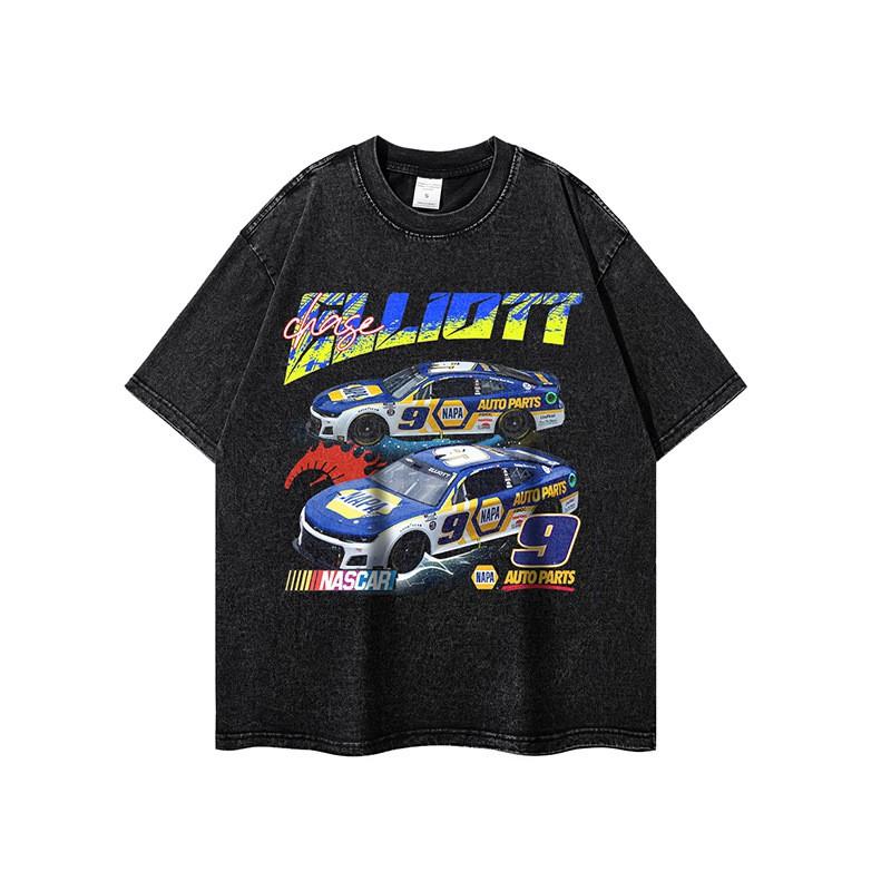 Unisex Vintage Washed Cotton Tee With Racing Graphic Print Loose Fit Casual Short Sleeve T-Shirt