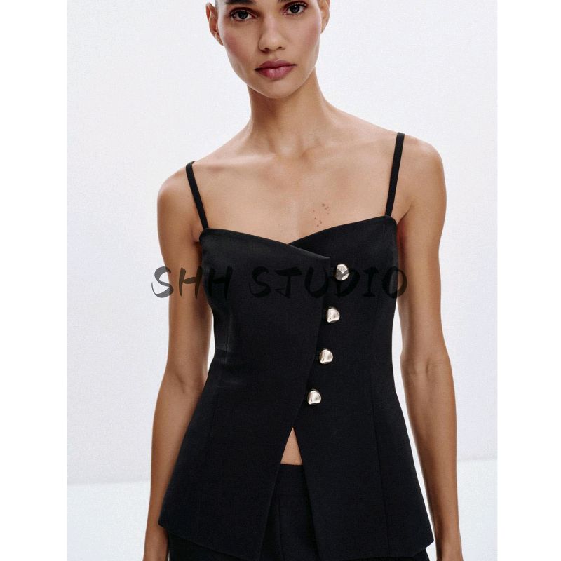 Fall New Women's Clothing Fashion Style A- line Hem Sling Button V Neck Spaghetti Strap Tops 8324696