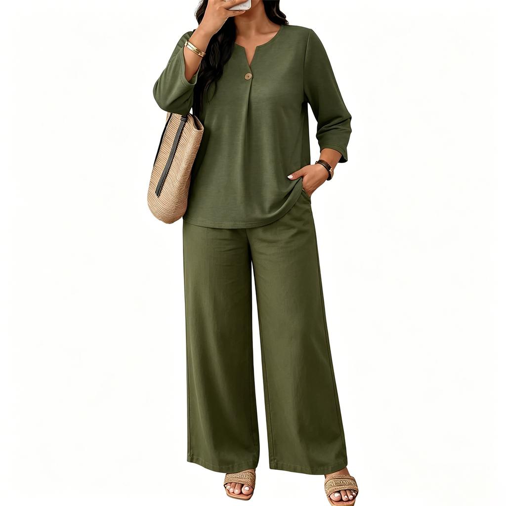 Women’s Casual Two Piece Outfit Seven Sleeve Button Top and Wide Leg Pants Set for Everyday Comfort and Relaxed Style