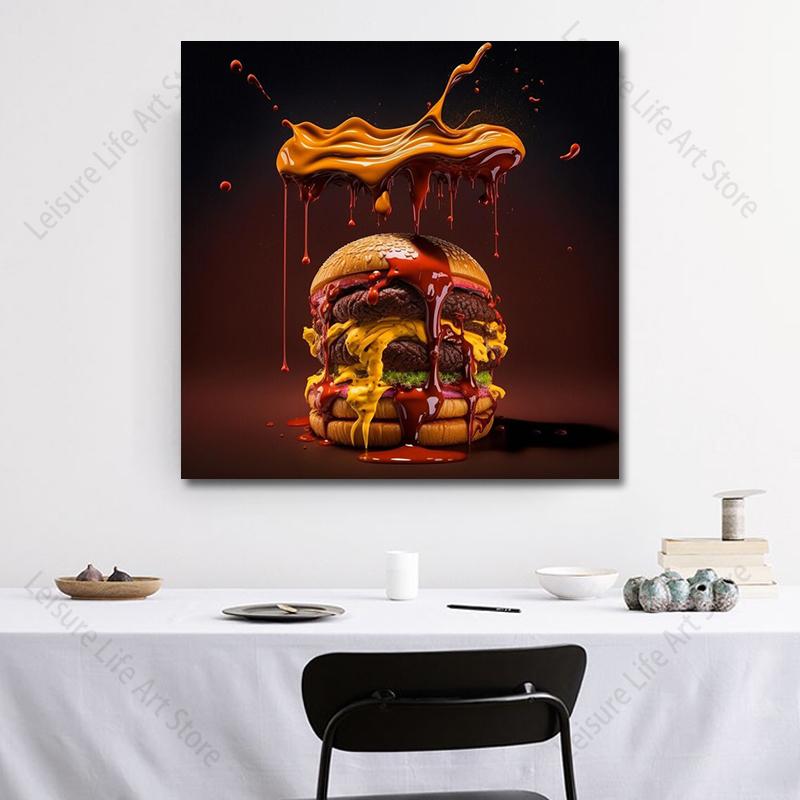 Modern Art Chicken Burger Canvas Painting Food Art Fast Food Hamburger Poster and Prints for Living Room Restaurant Wall Decor