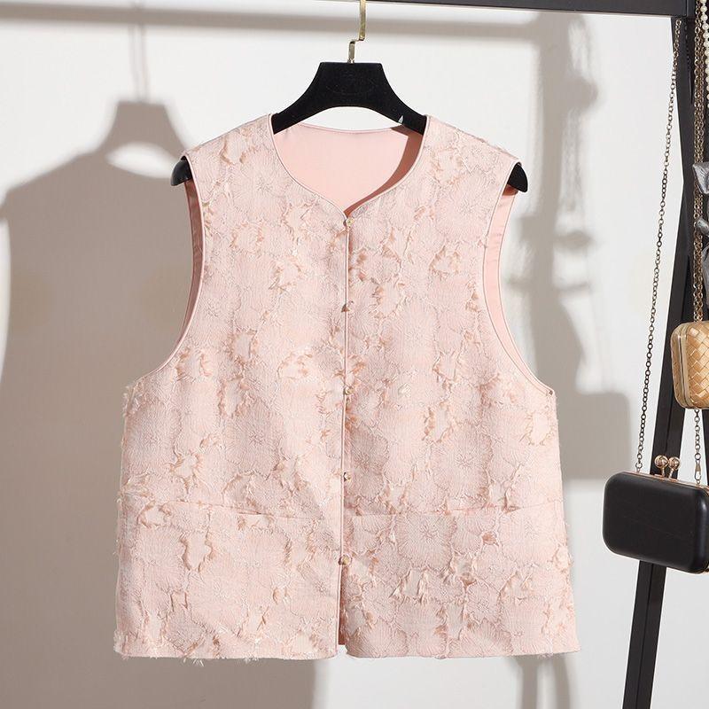 

Дизайнерский розовый жаккардовый жилет без рукавов, женский новый модный жилет с круглым вырезом 3XL (recommended 138-75kg) розовый