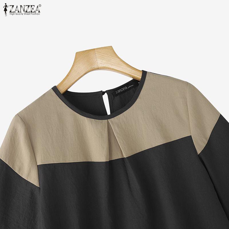 ZANZEA Women Casual Round Neck Loose Patchwork Half Sleeve Blouse