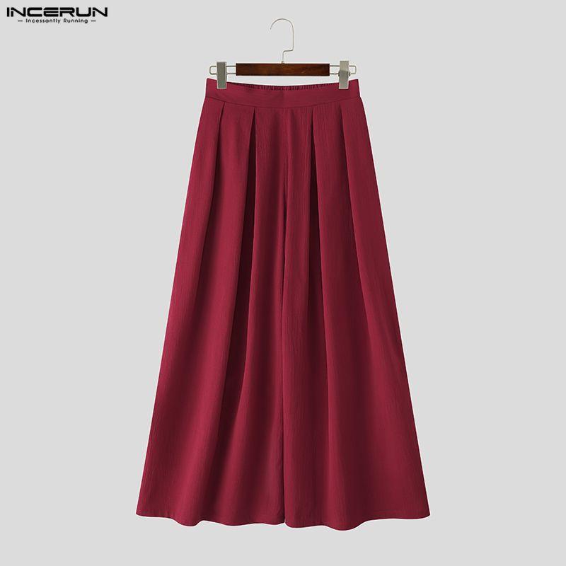 INCERUN Men Casual Elastic High Waist Long Wide Legs Pants Culottes Trousers