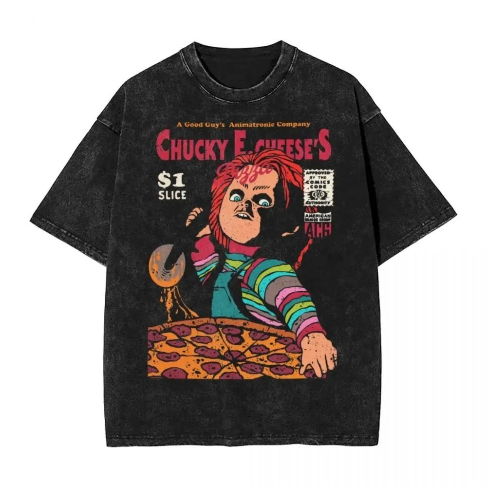 Horror Chucky i Tiffany Wypłukana Koszulka Męska Damska Idziemy Zabijać Halloween Codzienne Koszulki Koszulka Plażowa Oversize Topy
