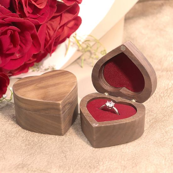 Jewelry Box Heart-Shaped Walnut Wood Ring Storage Box with Velvet Padding Smooth Polished Surface Weddings Proposals Ring Case