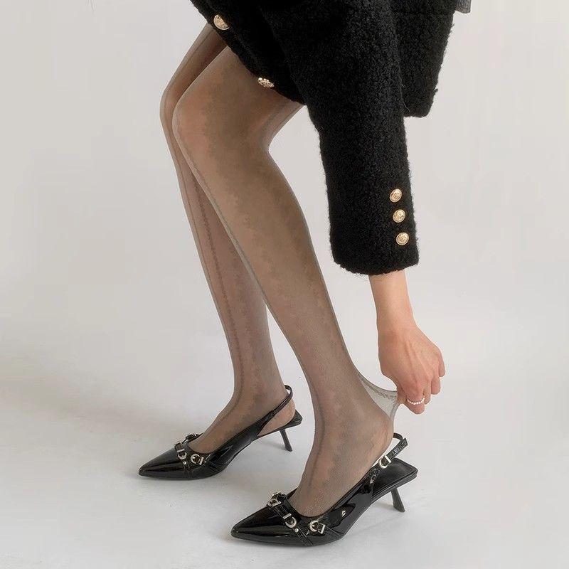 Spring-Summer Thin Gray Stockings for Women - Retro Side Lace Vertical Striped Pantyhose, Sexy Jacquard Black Silk & JK-style White Silk