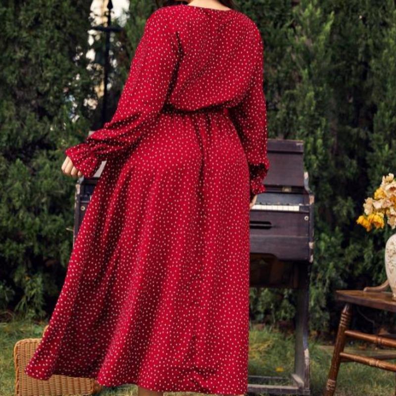 Vintage Long Sleeve Dresses Round Necked Plus Size Dress for Women Fashion Polka Dot Oversized Dress Elegant Tight Dress Commuter Fashion Maxi Dresses