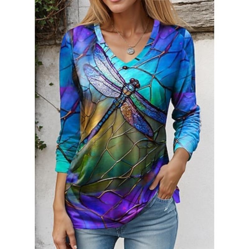 Women's T Shirt Tee Floral Animal Dragonfly Casual Holiday Pink Navy Blue Blue Print Long Sleeve Fashion V Neck Regular Fit Spring &  Fall