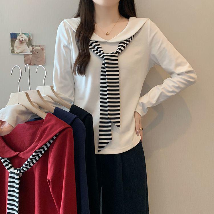 Plus Size Navy Collar Striped Long Sleeve Women's T-shirt - Slimming & Versatile Spring/Autumn Style.