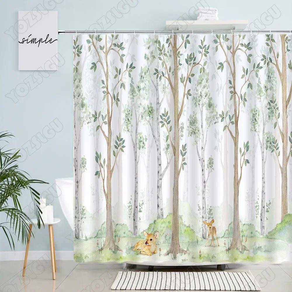 Forest Animal Shower Curtains Trees Green Leaves Plants Deer Creative Print Bath Curtain Modern Fabric Home Bathroom Decor Sets