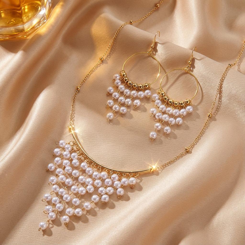 Retro Imitation Pearl Tassel Necklace and Earring Set - European & American Bestseller