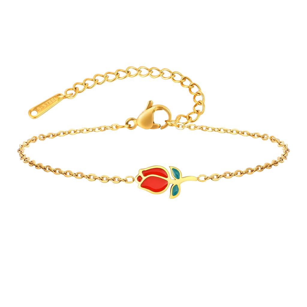New Fashion Enamel Ladybird Charm Bracelet Women, Stainless Steel Thin Link Handmade Jewelry