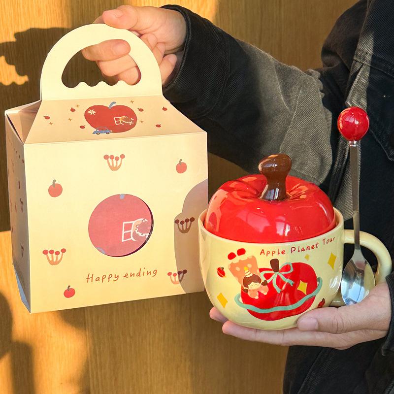 Apple Water Cup Cute Ceramic Cup Mug with Lid Spoon New Year's Birthday Gift for Girls