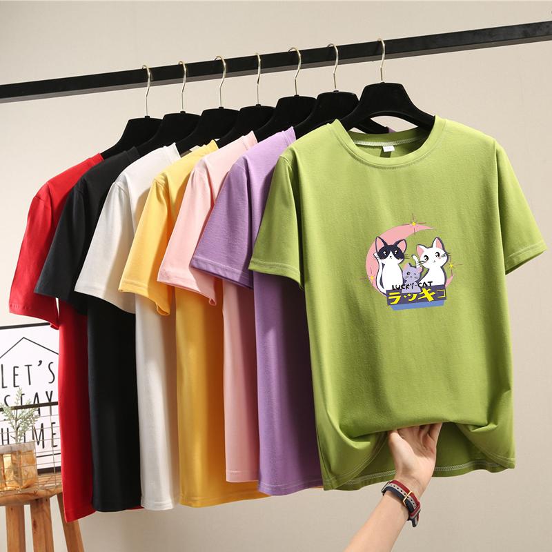 Harajuku Cute Cartoon Cat Print Short Sleeve T-shirts Women Summer Casual Loose Student T Shirt Young Girl Y2k Tops
