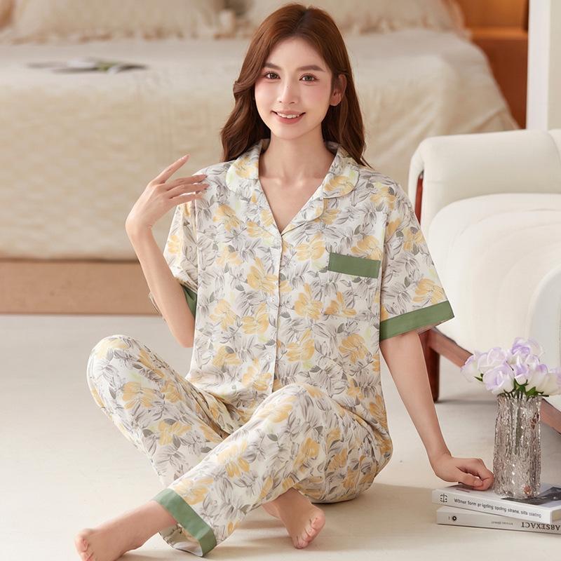 Superior sweet ladies strawberry print imitation cotton pajamas loungewear loose large size short sleeves trousers set