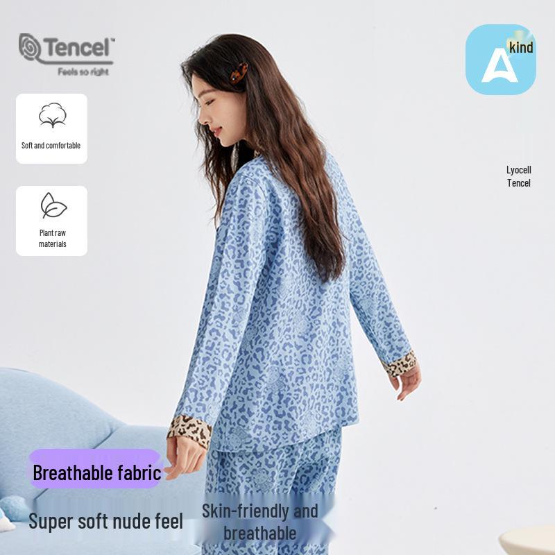 Women's Autumn Sweet Bear Embroidery Tencel Cotton Pajama Set