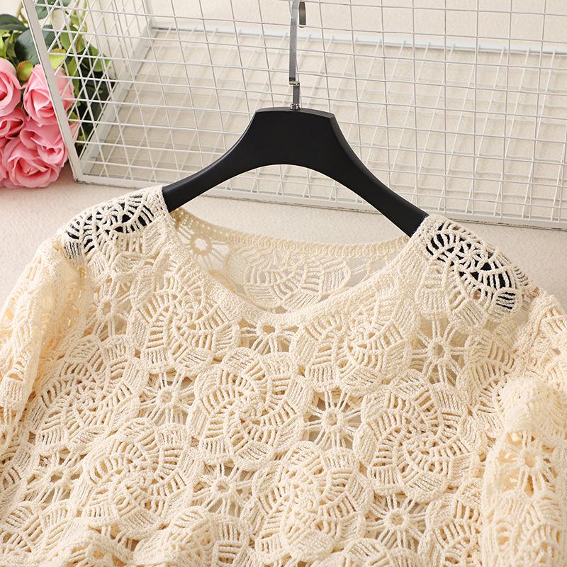 Women's Korean Style Red Sheer Knit Sweater with Hollow Design – Long Sleeve Round Neck, Autumn/Winter 2024