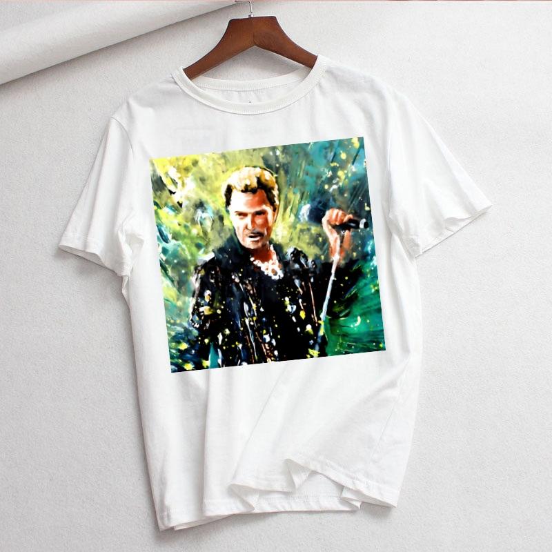 Johnny Hallyday Print T Shirt Women White and Black Shirts Fashion Round Neck Short Sleeve Cotton TShirt