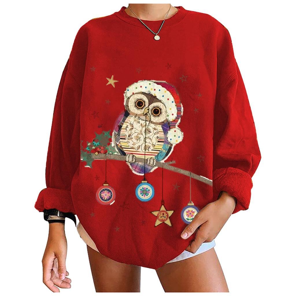 Women's Fashion Casual Christmas Print Round Neck Sweater Loose Sports Tops Pullover