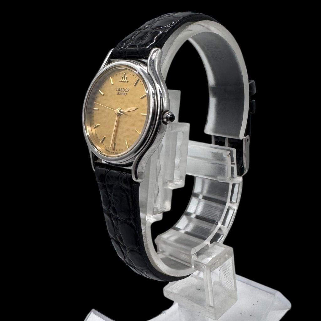 Used New Battery Operated, Beautiful Condition SEIKO CREDOR 4J81-0A40 Ladies Watch, Quartz, Round, Gold Dial, Genuine Strap