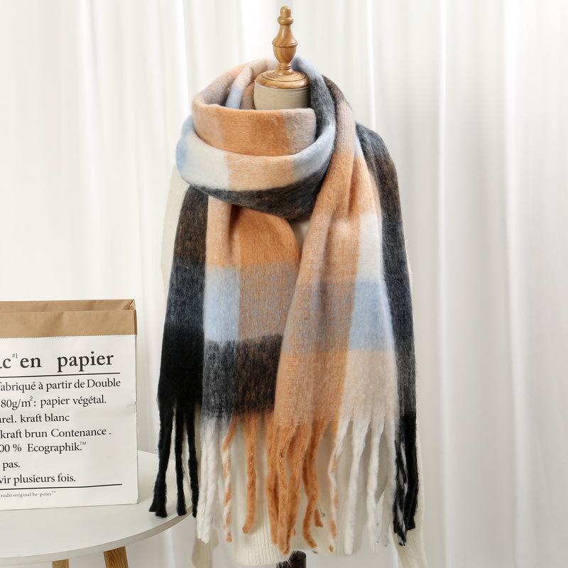 Rainbow Mohair Plaid Scarf - Thick, Chunky, Warm Winter Tassel Neck Warmer in Four Colors