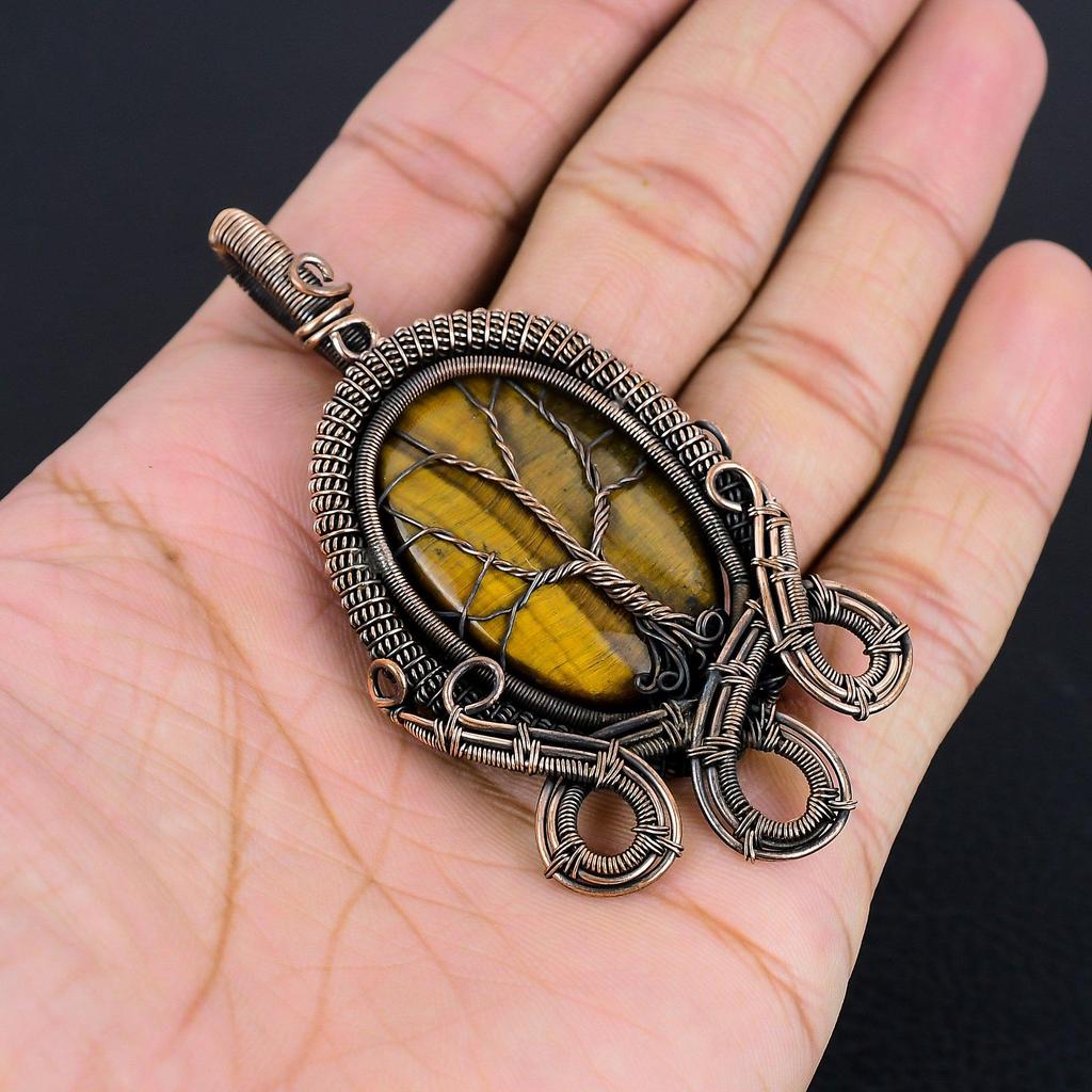 Tree Of Life Tiger's Eye 999 Copper Wire Wrapped Pendant, Handmade Gemstone Pendant , Gift For Mom Antique Jewelry
