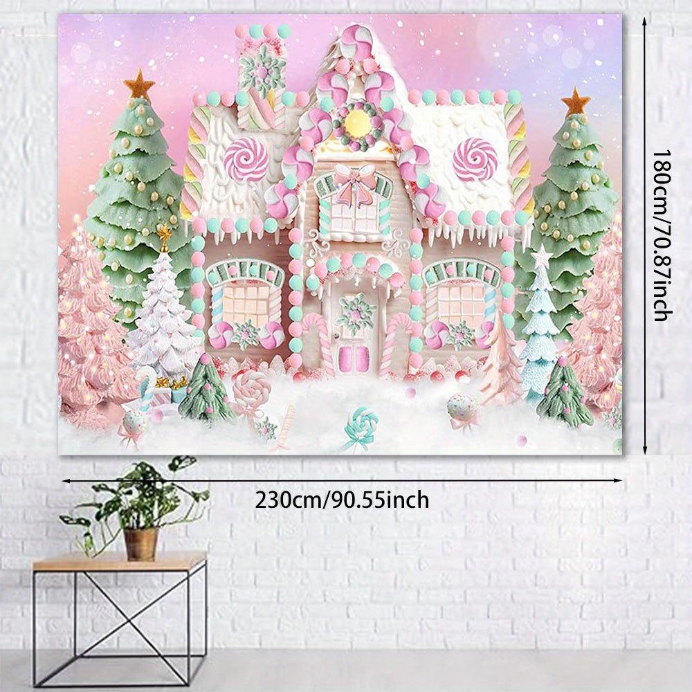 1pc Christmas Candy House Background - Candy House design with soft pink and mint green, a snowy winter wonderland background