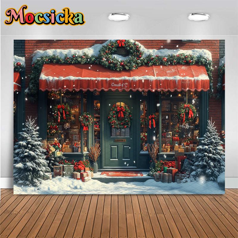 Mocsicka Christmas Store Backgrounds Photography Snowflake House Tree Children Baby Photo Backdrop Gifts Shop Decorations Banner