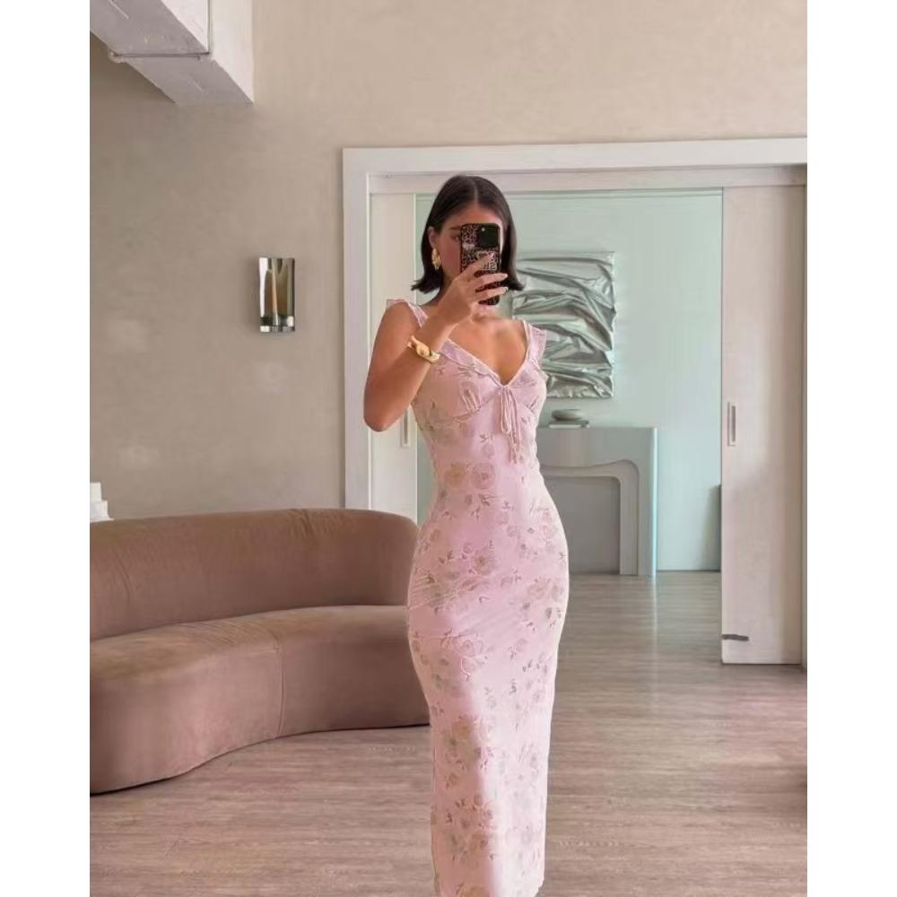 Women's Spaghetti Strap Deep V Maxi Dress Mid Waist All Over Floral Print Slim Fit Vacation Beach Mermaid Long Dress