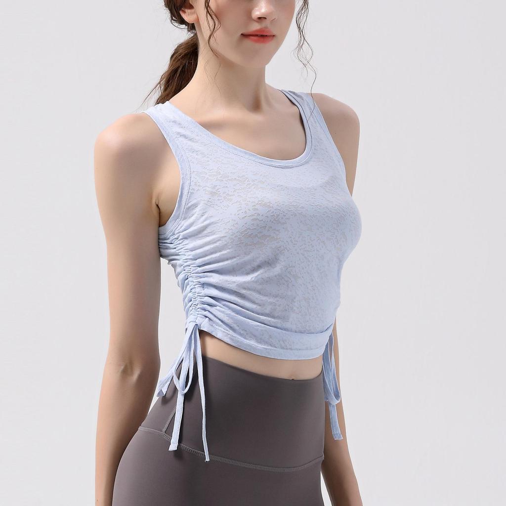 Nude Jacquard Drawstring Sports Top - Women's Breathable, Waist-Slimming, Quick-Dry Yoga & Fitness Wear.