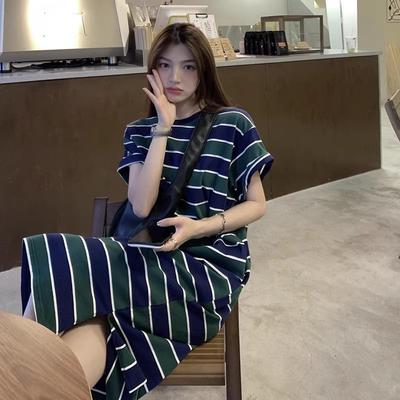 Long Striped Knee T-shirt Women's Summer 2026 New European Goods Large Version Foreign Style Super Long T-shirt Skirt Short-sleeved Dress