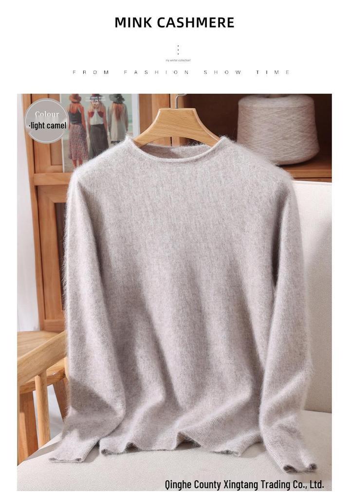 Women's Mink Cashmere Short Sweater with Half-High Collar and Rabbit Fur Knit, Slimming Fit