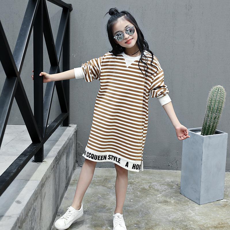 

2025 Girls Striped Long-Sleeve Mid-Length T-Shirt - Spring/Autumn Fashion for Big Kids 120 cm