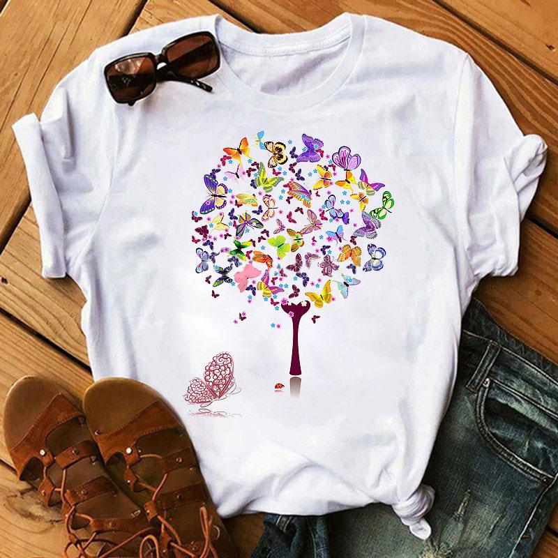 Women Summer T Shirt  Tree Pattern Print Retro Fashion Short Sleeve Tees Casual   Printed  Tops